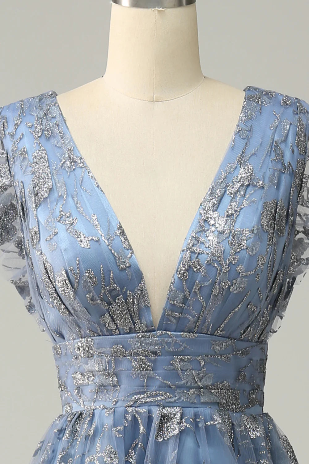Amzcw A Line Deep V Neck Grey Blue Plus Size Prom Dress with Embroidery