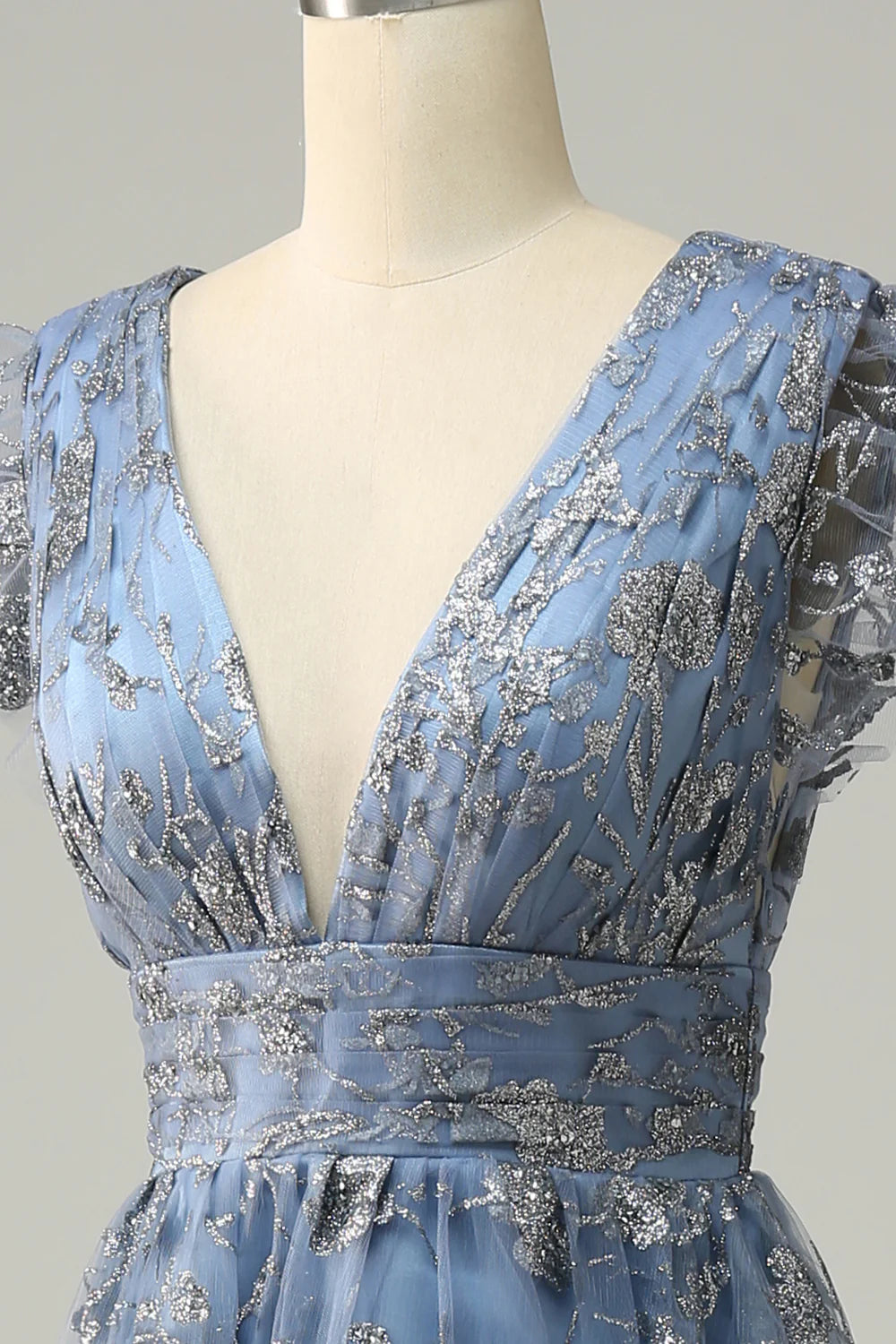 Amzcw A Line Deep V Neck Grey Blue Plus Size Prom Dress with Embroidery