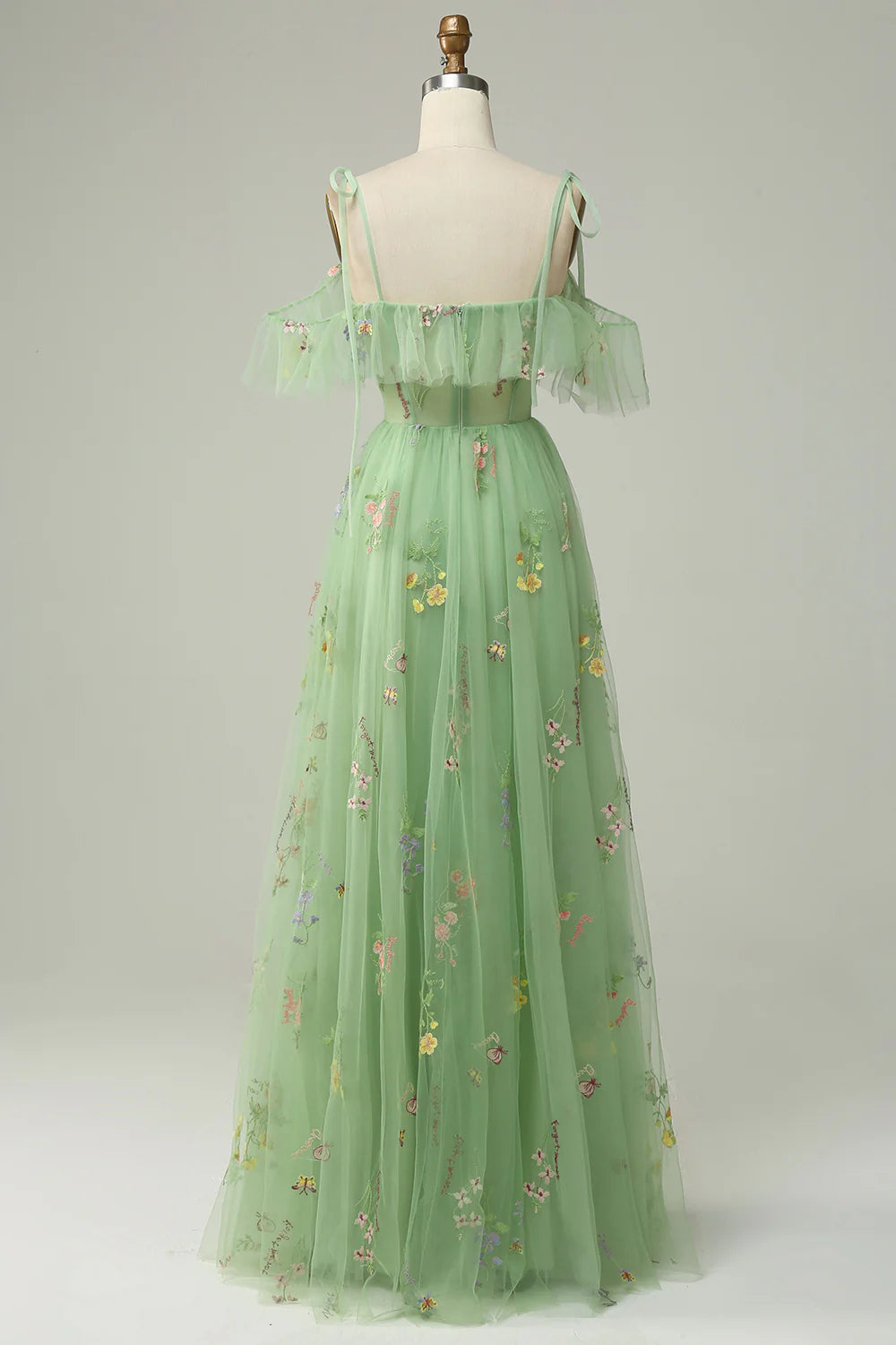 Amzcw Green A-Line Spaghetti Straps V-Neck Embroidered Prom Dress with Slit