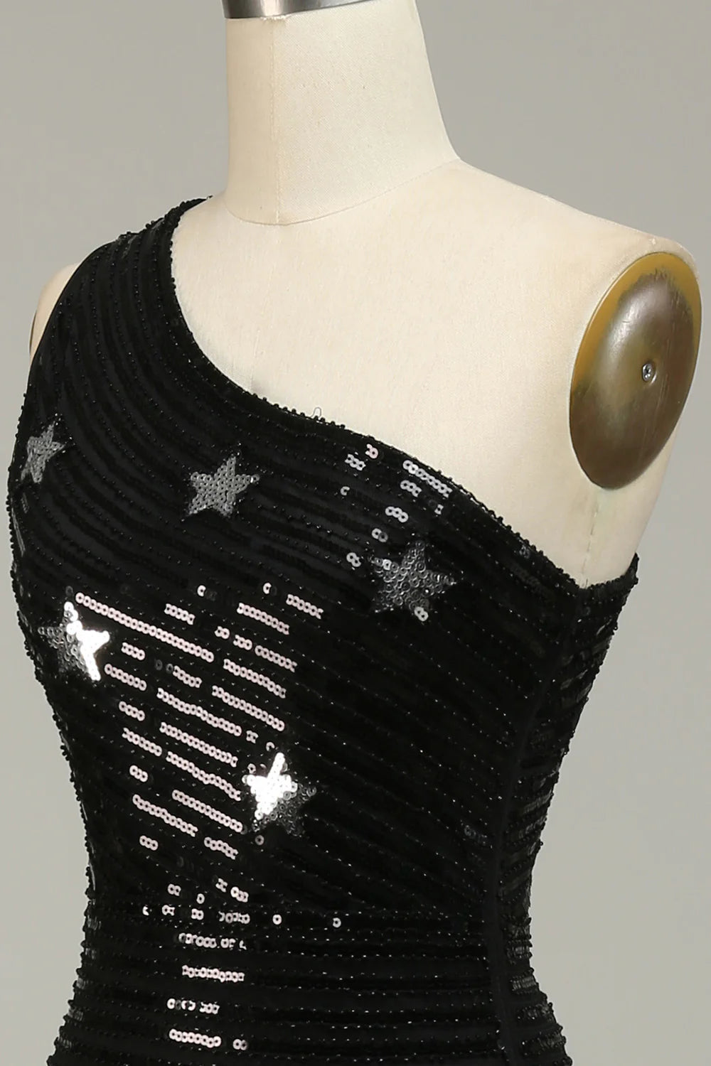 Sequins Mermaid One Shoulder Black Long Prom Dress with Star