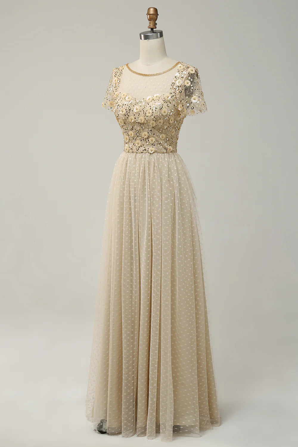 Apricot Tulle A Line Sequins Formal Prom Dress with Appliques