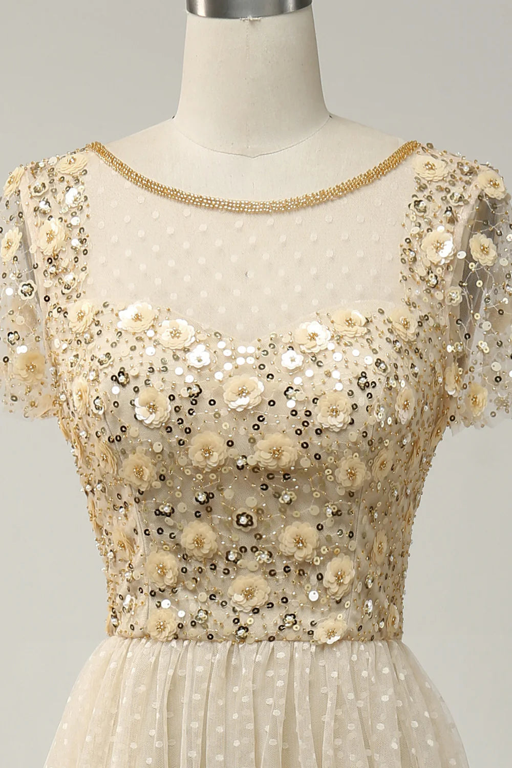 Apricot Tulle A Line Sequins Formal Prom Dress with Appliques