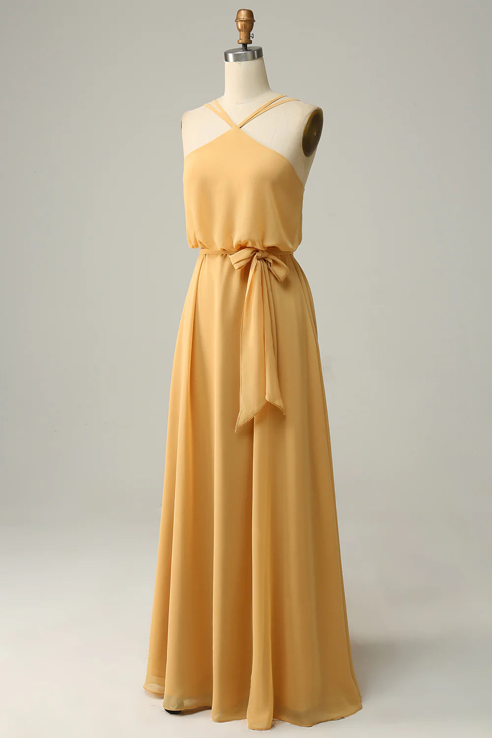Amzcw A Line Halter Yellow Long Bridesmaid Dress with Bowknot
