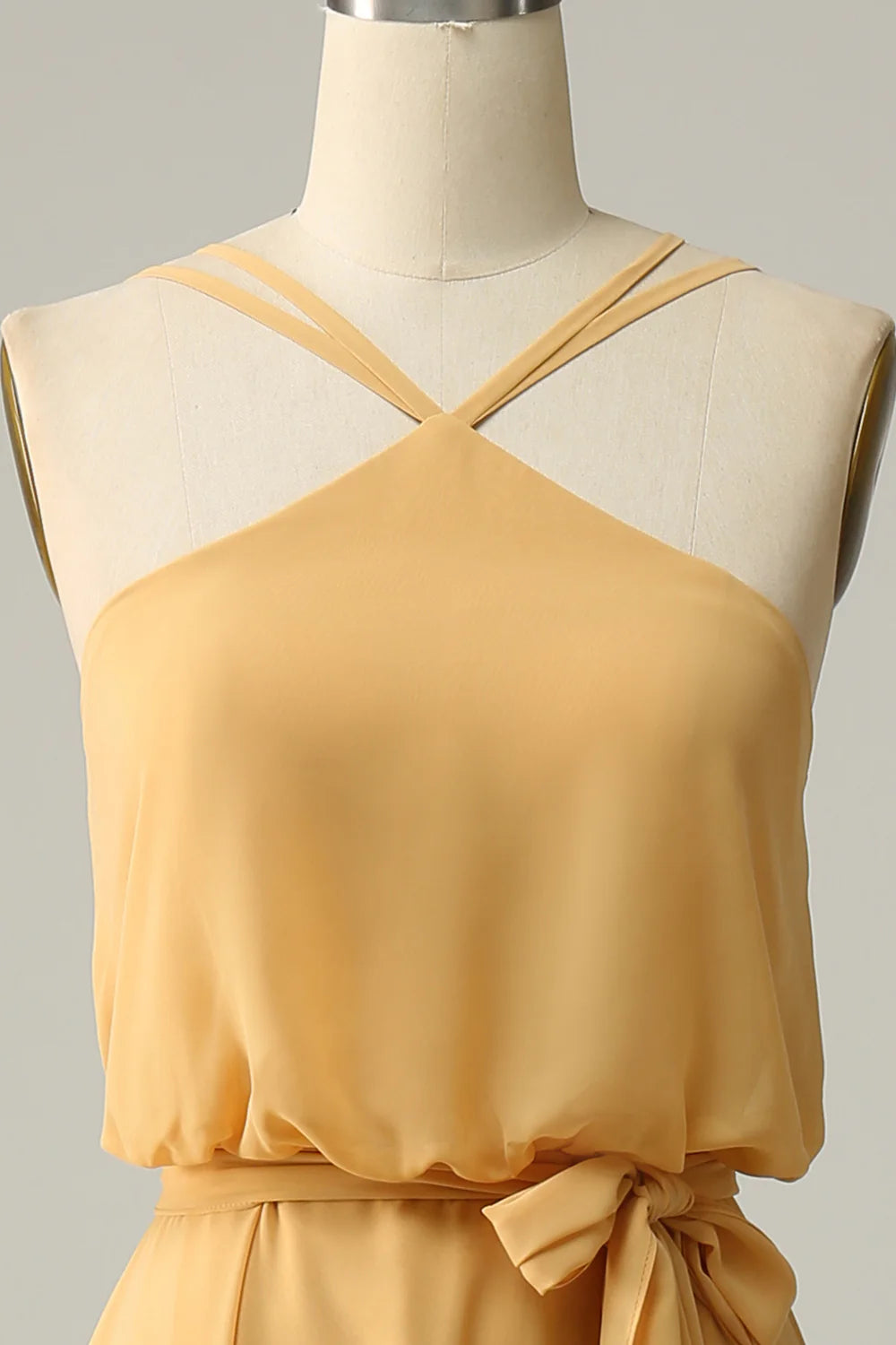 Amzcw A Line Halter Yellow Long Bridesmaid Dress with Bowknot