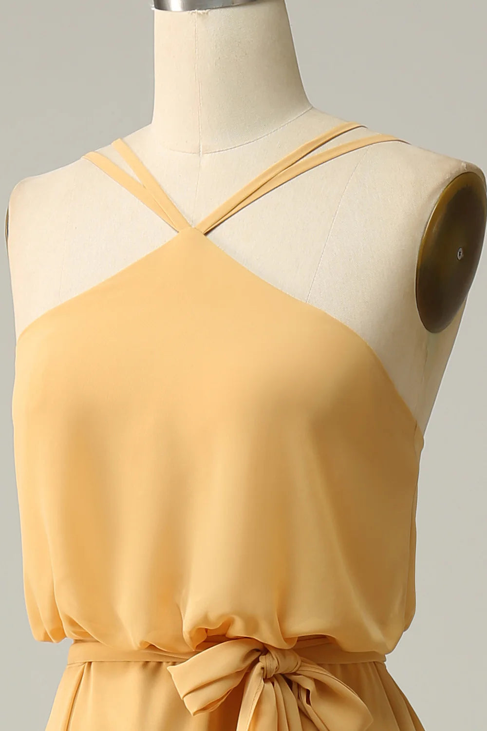 Amzcw A Line Halter Yellow Long Bridesmaid Dress with Bowknot