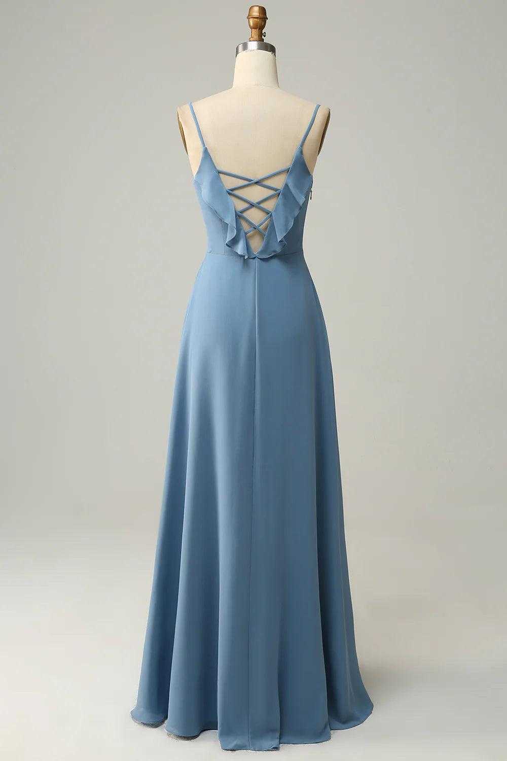 Amzcw A Line Spaghetti Straps Grey Blue Long Bridesmaid Dress with Ruffles