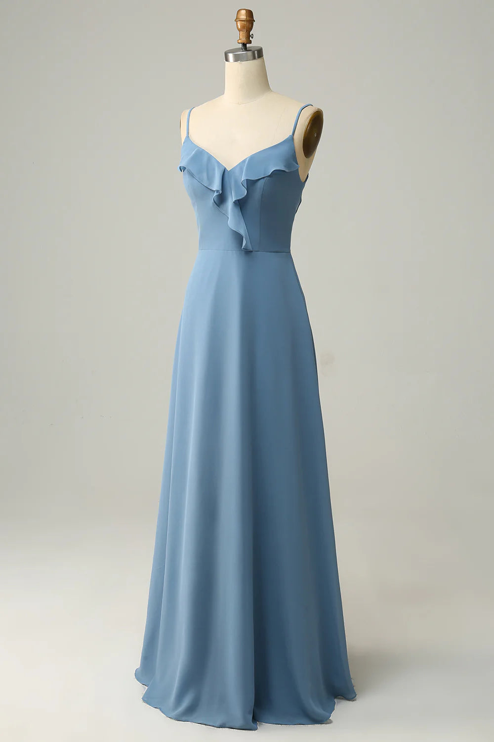 Amzcw A Line Spaghetti Straps Grey Blue Long Bridesmaid Dress with Ruffles