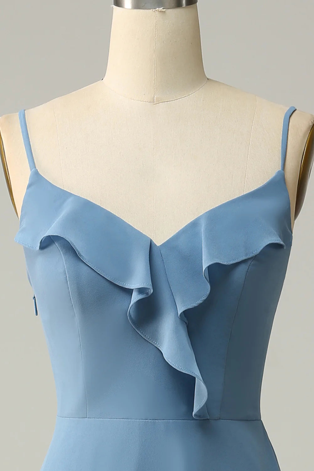 Amzcw A Line Spaghetti Straps Grey Blue Long Bridesmaid Dress with Ruffles