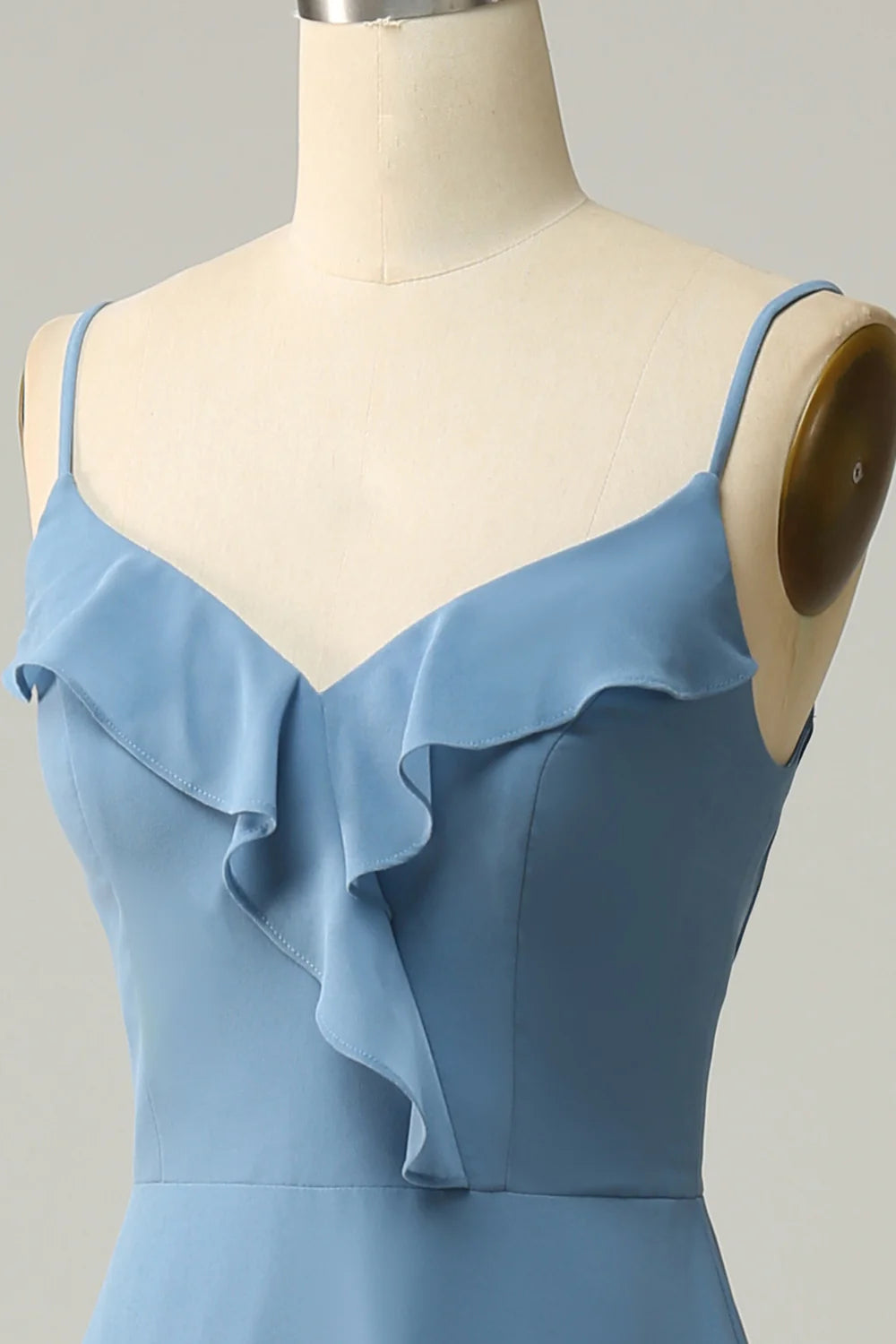 Amzcw A Line Spaghetti Straps Grey Blue Long Bridesmaid Dress with Ruffles