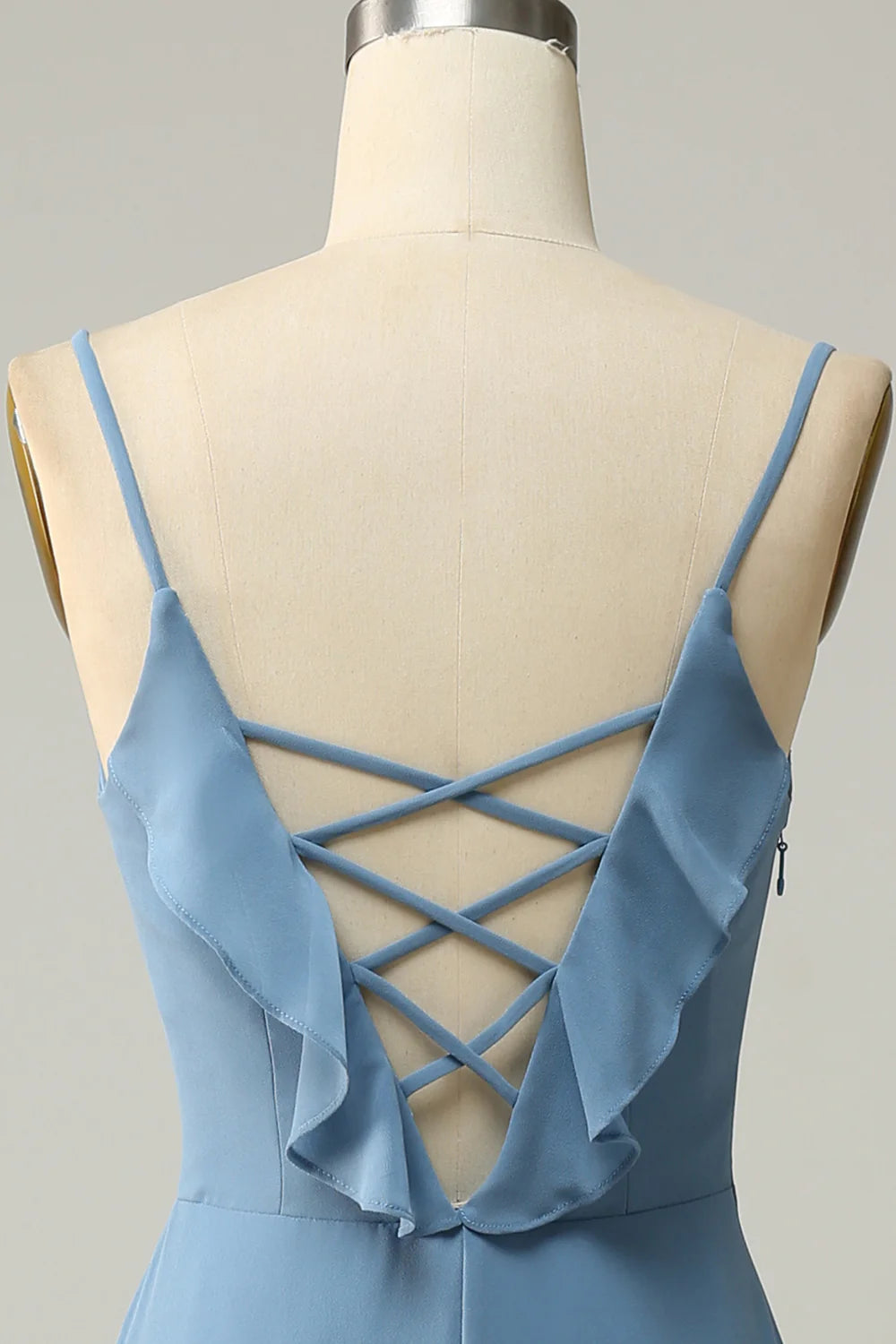 Amzcw A Line Spaghetti Straps Grey Blue Long Bridesmaid Dress with Ruffles