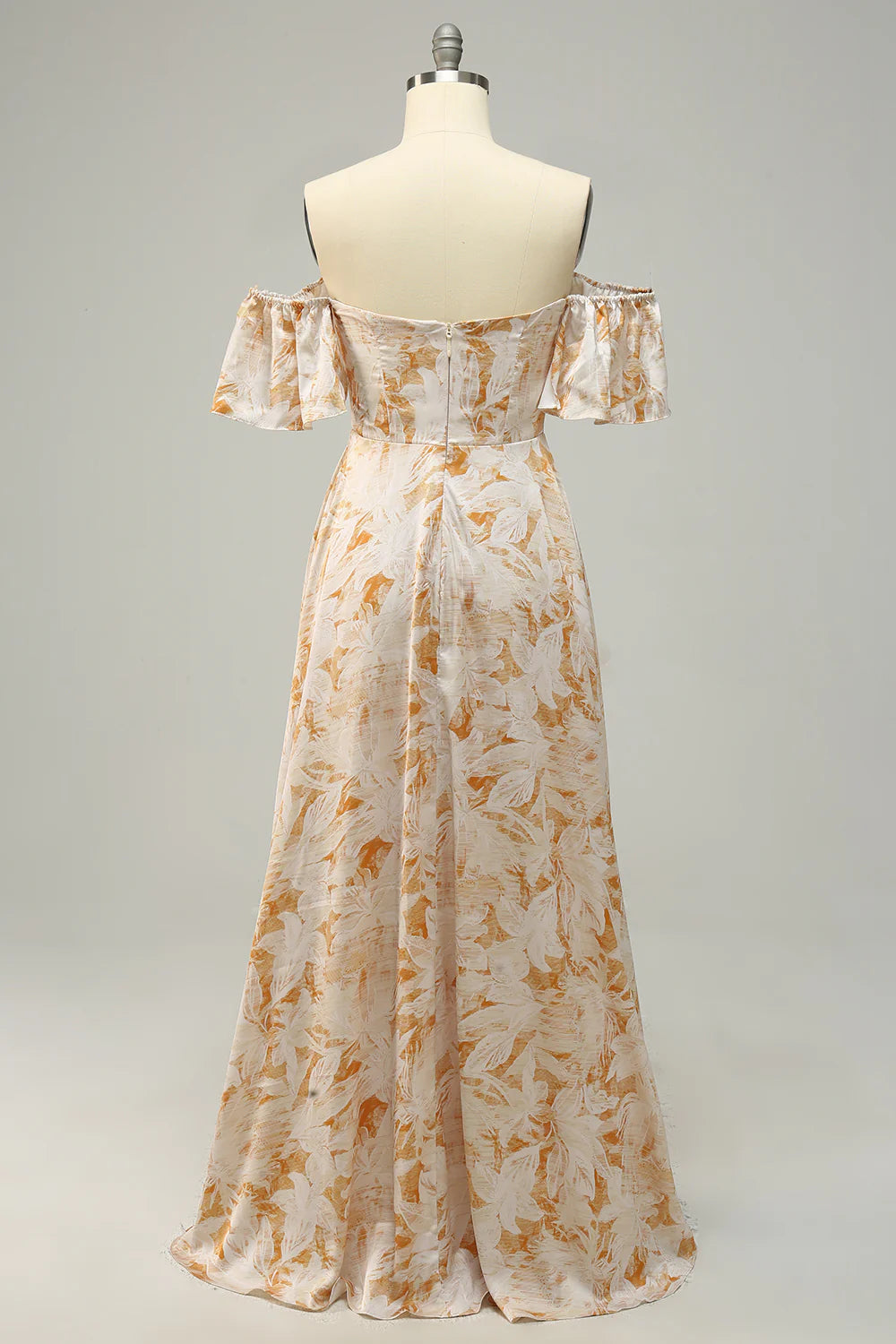 Amzcw A Line Off the Shoulder Yellow Flower Printed Plus Size Bridesmaid Dress