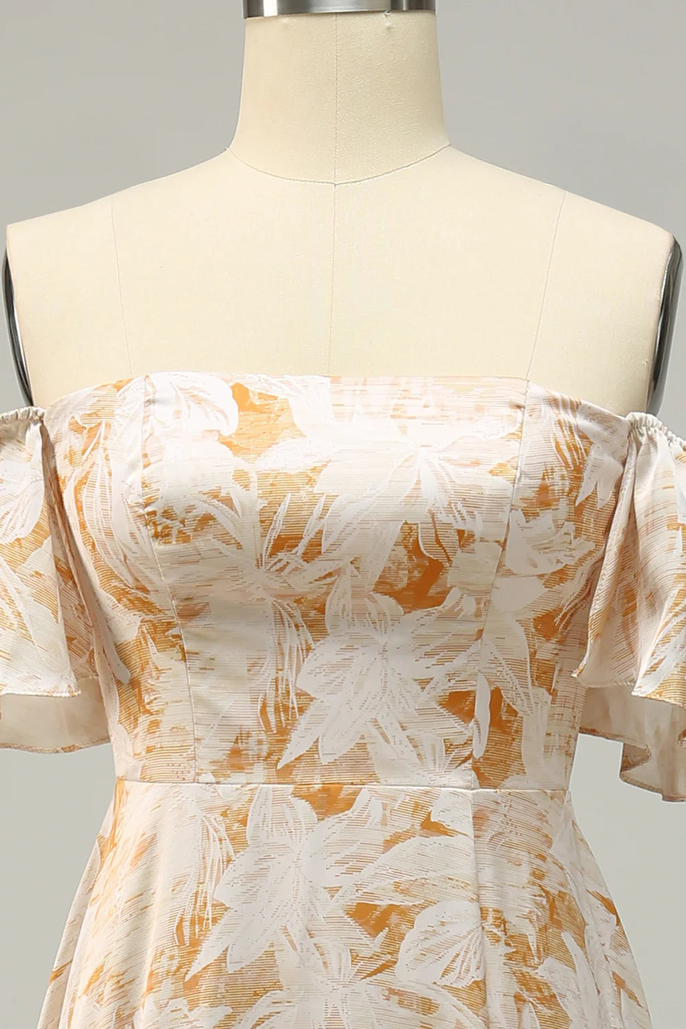 Amzcw A Line Off the Shoulder Yellow Flower Printed Plus Size Bridesmaid Dress