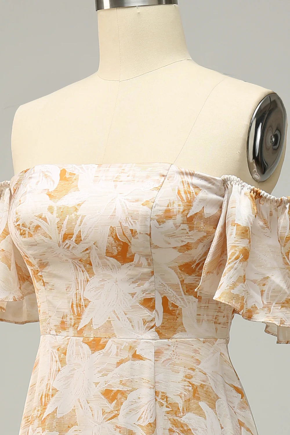 Amzcw A Line Off the Shoulder Yellow Flower Printed Plus Size Bridesmaid Dress