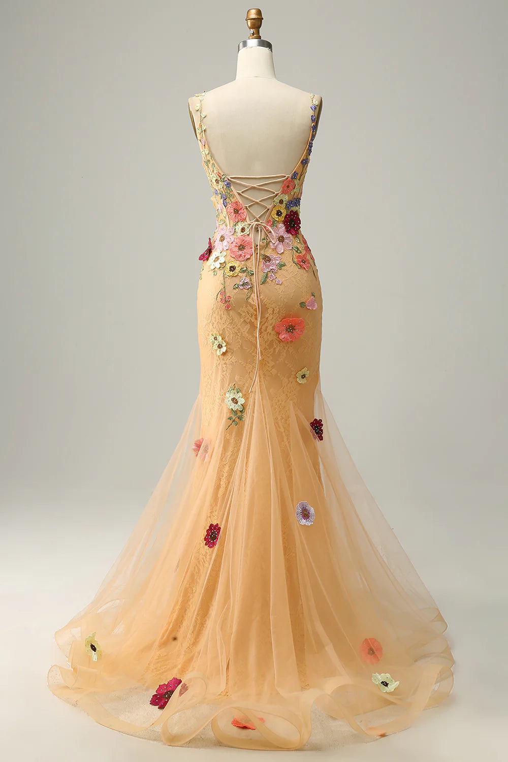 Amzcw Mermaid Deep V Neck Champagne Long Prom Dress with Appliques