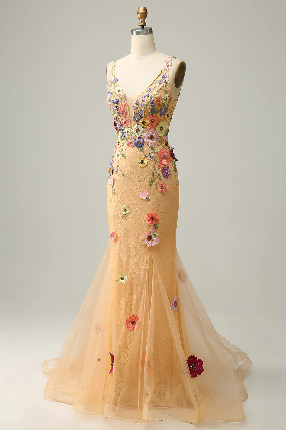 Amzcw Mermaid Deep V Neck Champagne Long Prom Dress with Appliques