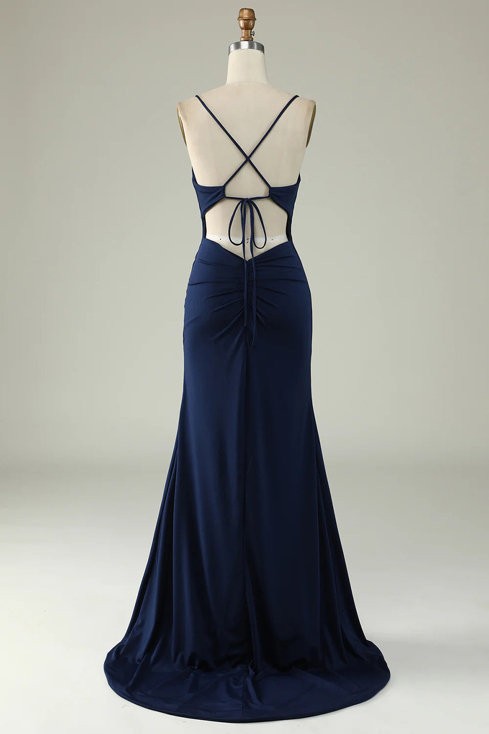 Amzcw Mermaid Spaghetti Straps Navy Plus Size Prom Dress with Split Front