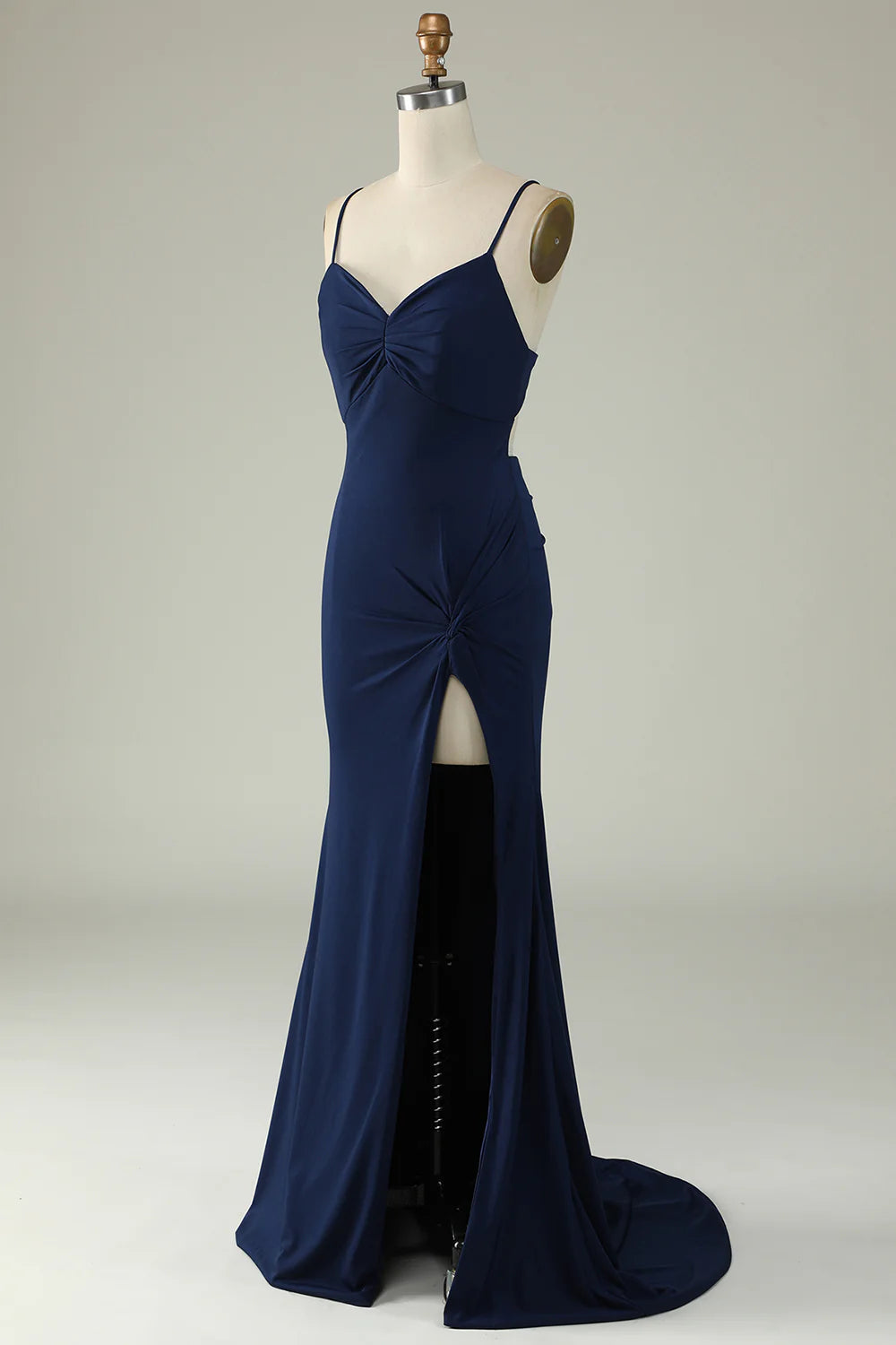 Amzcw Mermaid Spaghetti Straps Navy Plus Size Prom Dress with Split Front
