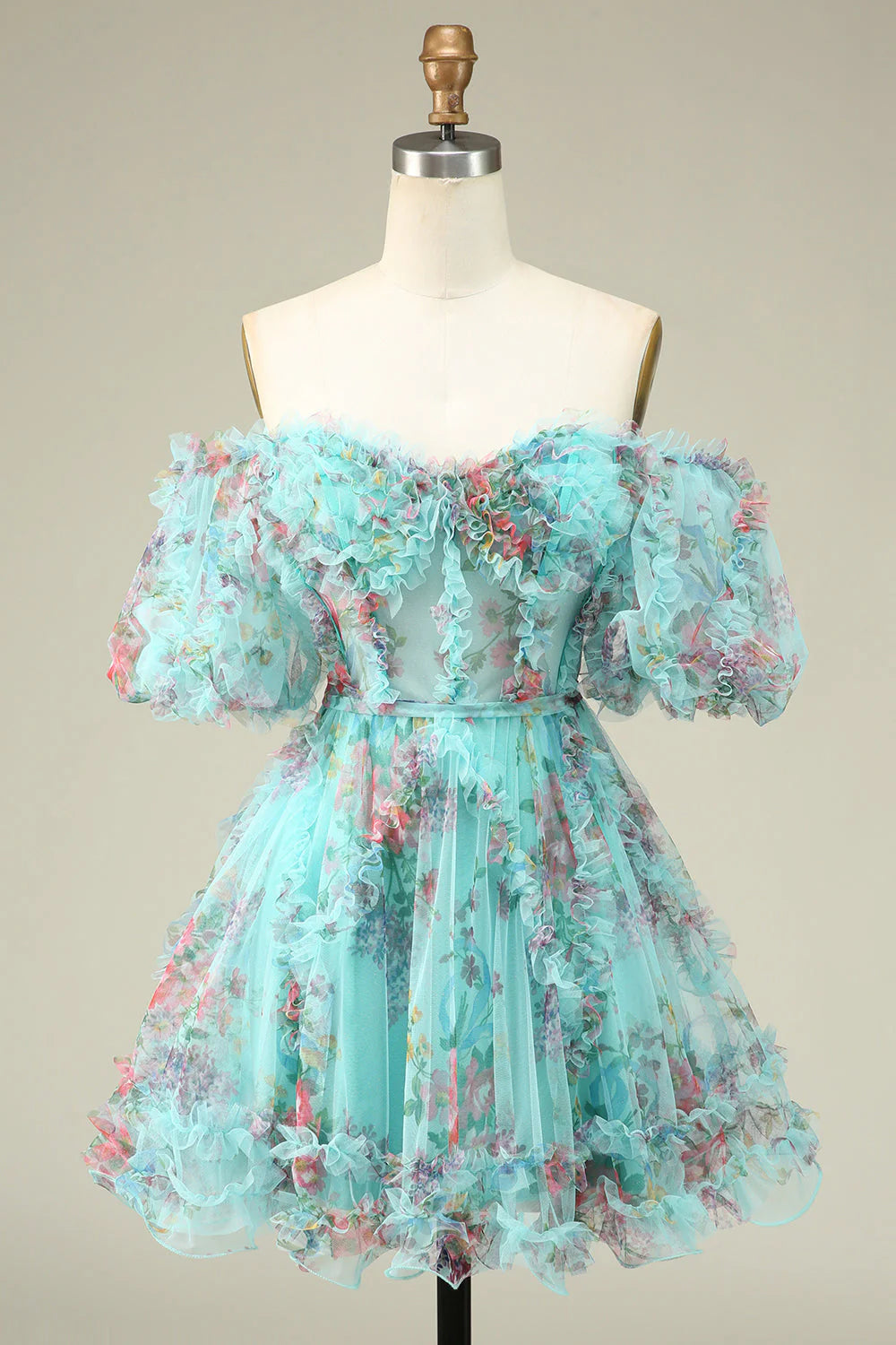 Amzcw Cute A Line Off the Shoulder Green Tulle Short Homecoming Dress with Short Sleeves