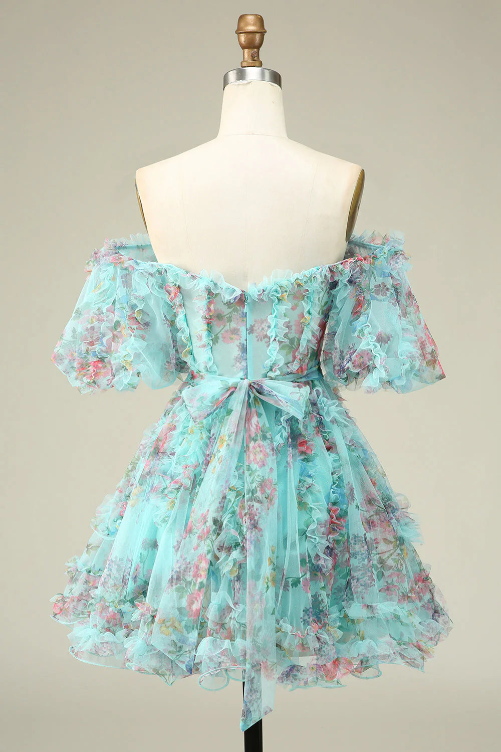 Amzcw Cute A Line Off the Shoulder Green Tulle Short Homecoming Dress with Short Sleeves