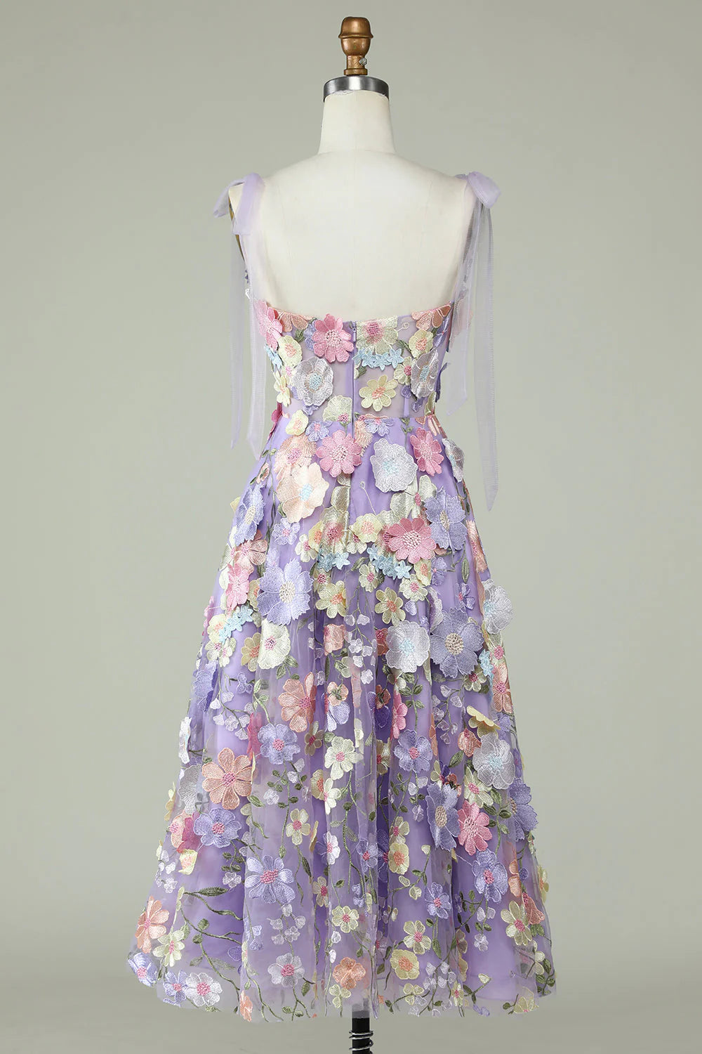 Amzcw A Line Spaghetti Straps Purple Tea Length Prom Dress with 3D Flowers
