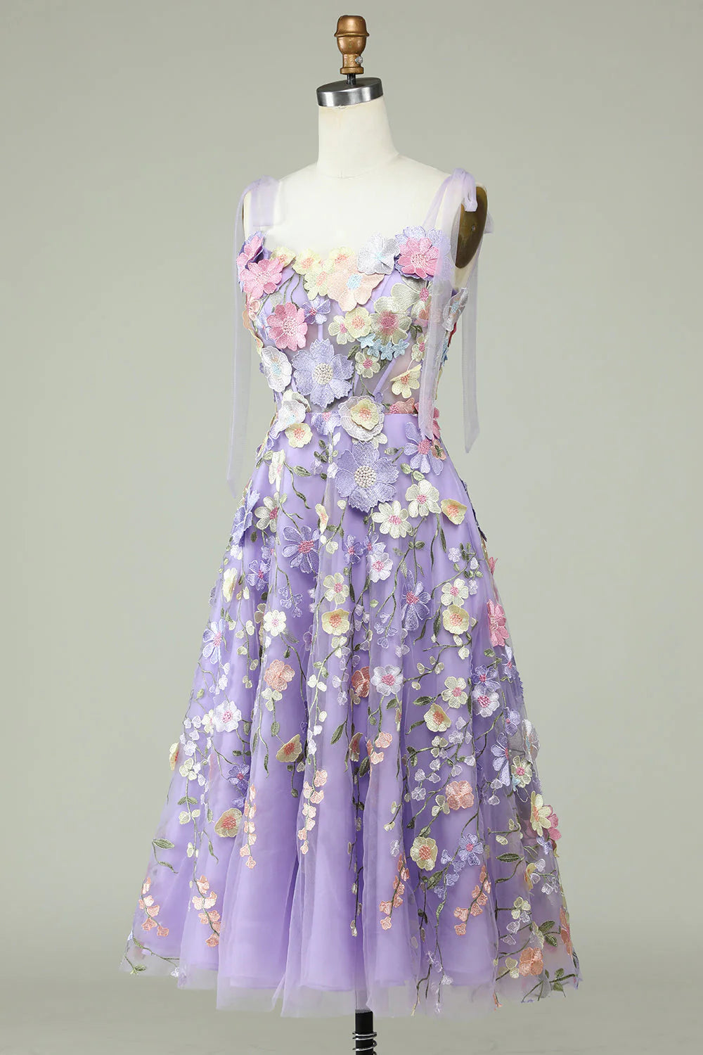Amzcw A Line Spaghetti Straps Purple Tea Length Prom Dress with 3D Flowers