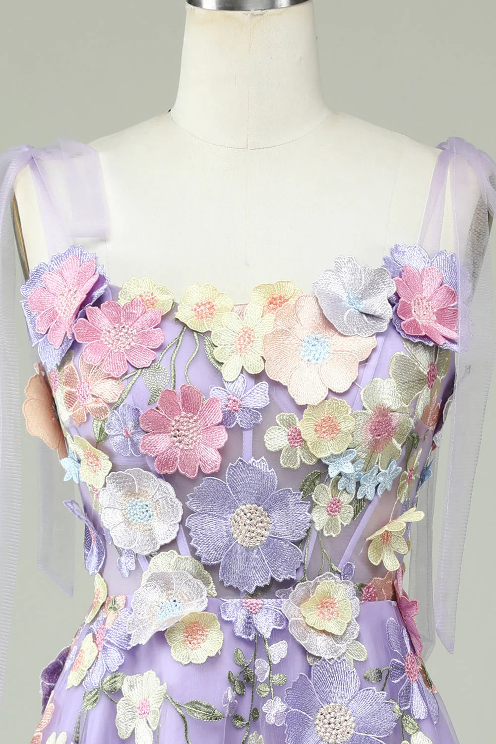 Amzcw A Line Spaghetti Straps Purple Tea Length Prom Dress with 3D Flowers