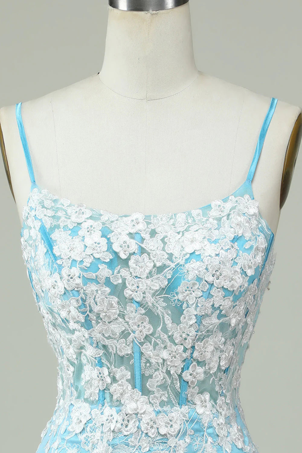 Amzcw Light Blue Sheath Spaghetti Straps Short Homecoming Dress with Appliques