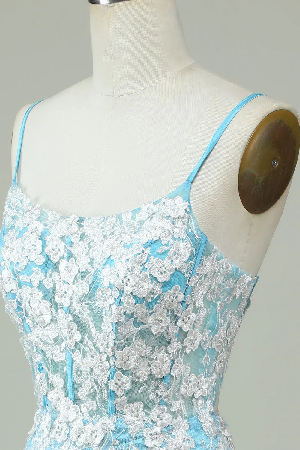 Amzcw Light Blue Sheath Spaghetti Straps Short Homecoming Dress with Appliques