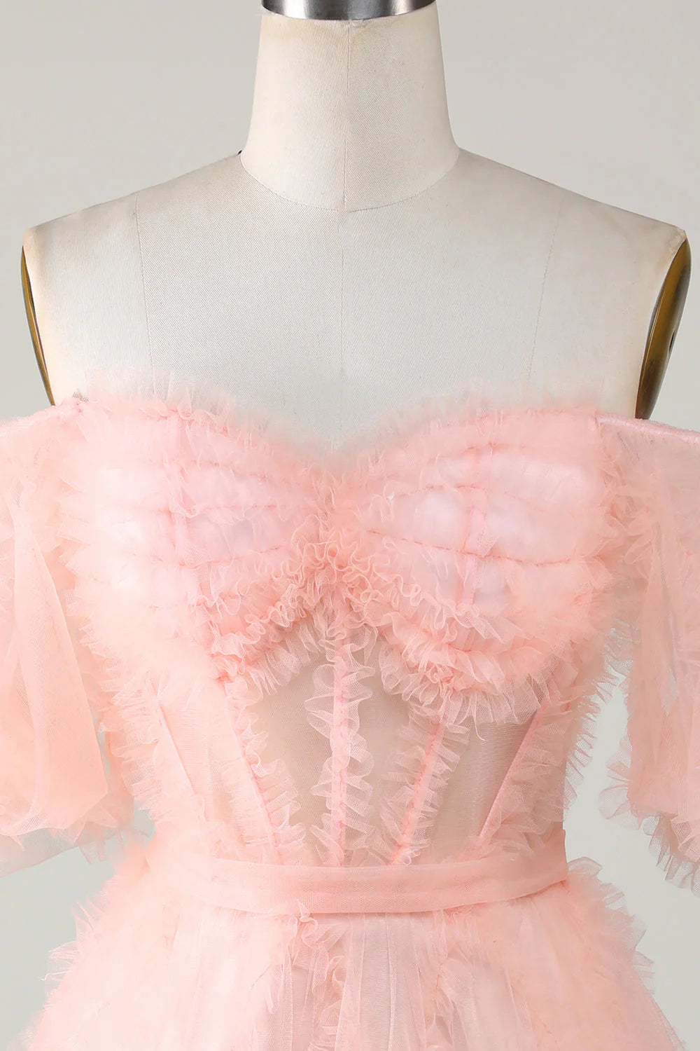 Amzcw Cute Blush A line Tulle Off The Shoulder Short Homecoming Dress