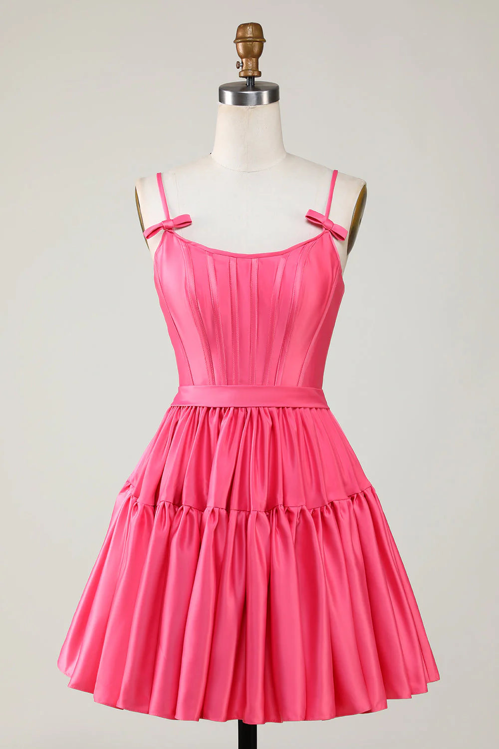 Amzcw Cute Fuchsia A Line Spaghetti Straps Corset Ruffle Homecoming Dress with Bows