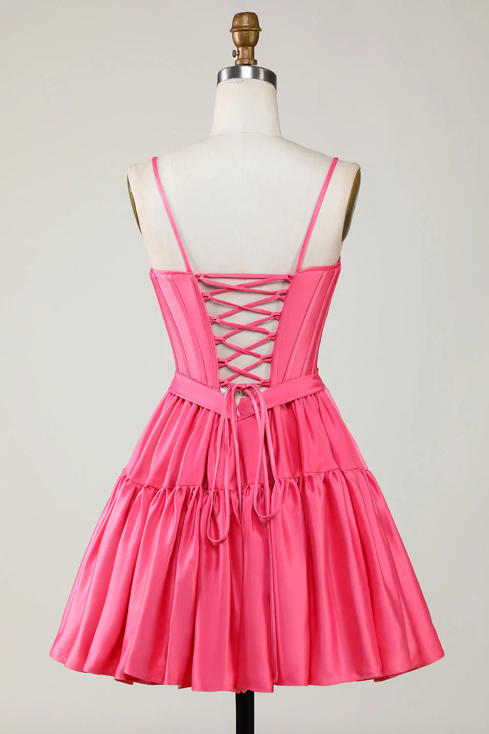 Amzcw Cute Fuchsia A Line Spaghetti Straps Corset Ruffle Homecoming Dress with Bows