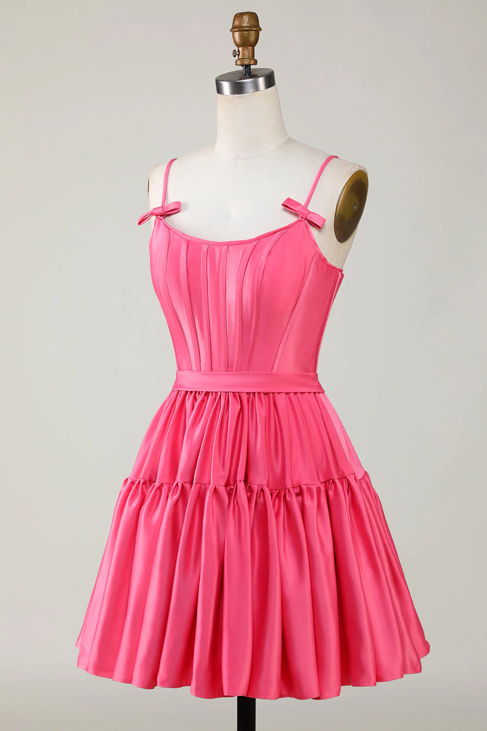 Amzcw Cute Fuchsia A Line Spaghetti Straps Corset Ruffle Homecoming Dress with Bows