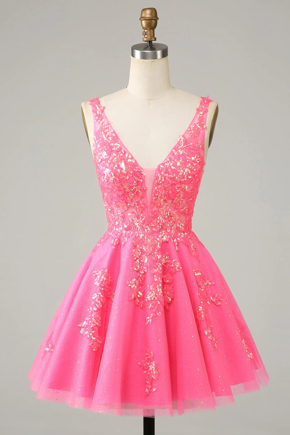Amzcw Sparkly Fuchsia Sequined V Neck Backless Short Homecoming Dress