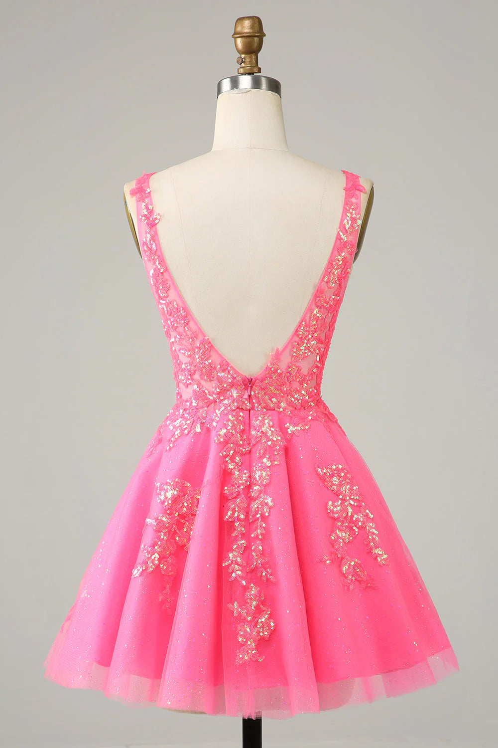 Amzcw Sparkly Fuchsia Sequined V Neck Backless Short Homecoming Dress