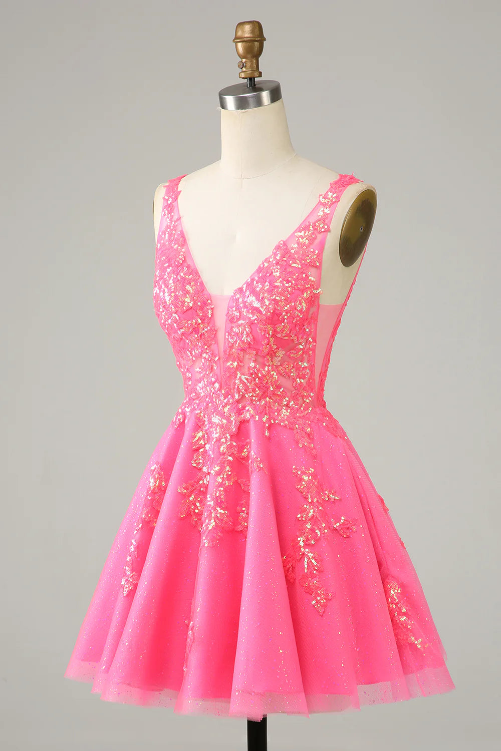 Amzcw Sparkly Fuchsia Sequined V Neck Backless Short Homecoming Dress