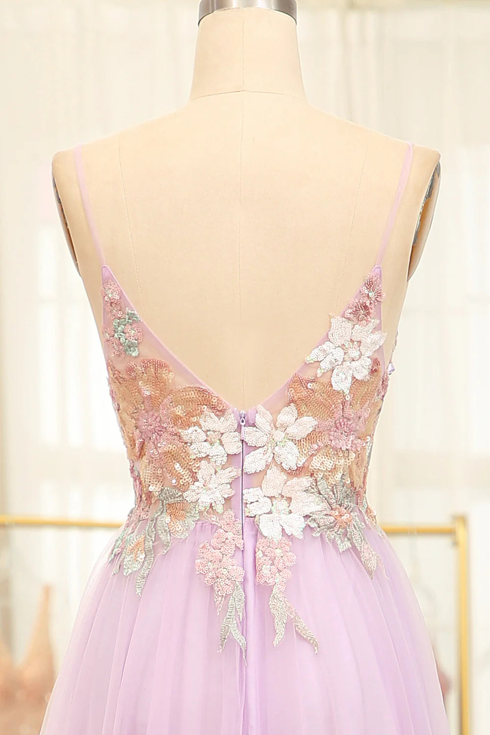 Amzcw A-Line Spaghetti Straps Long Lilac Prom Dress with Flowers