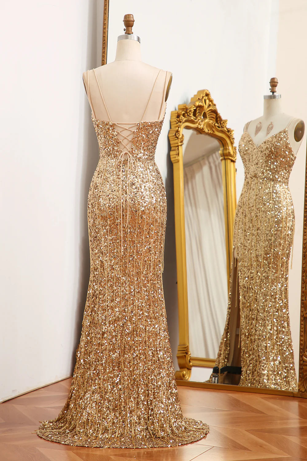 Amzcw Sparkly Gold Mermaid Long Corset Sequins Prom Dress with Slit