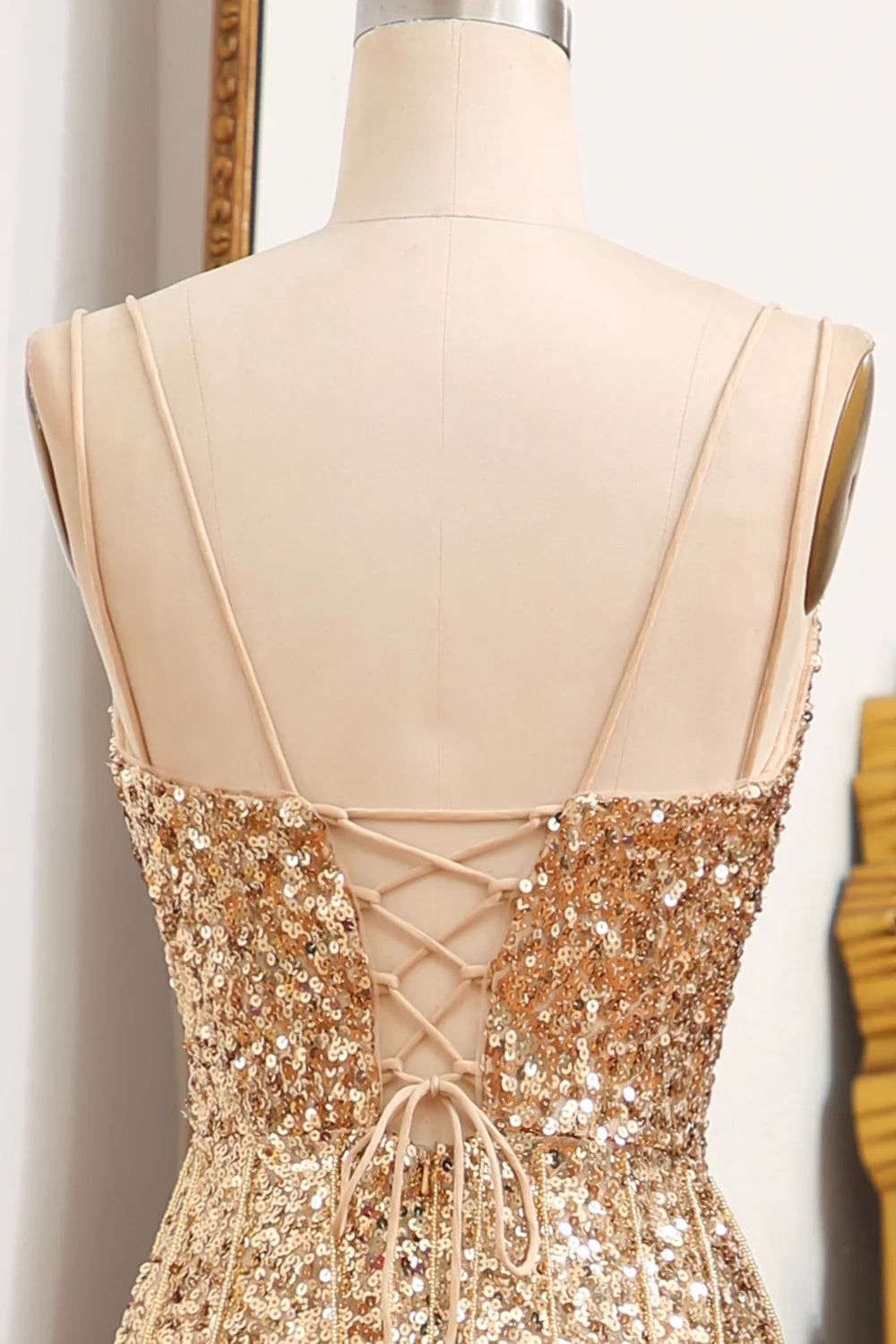 Amzcw Sparkly Gold Mermaid Long Corset Sequins Prom Dress with Slit