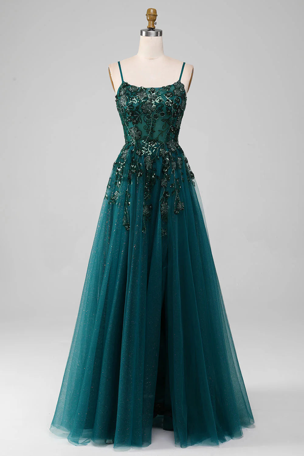 Amzcw Dark Green A Line Spaghetti Straps Sparkly Prom Dress with Slit
