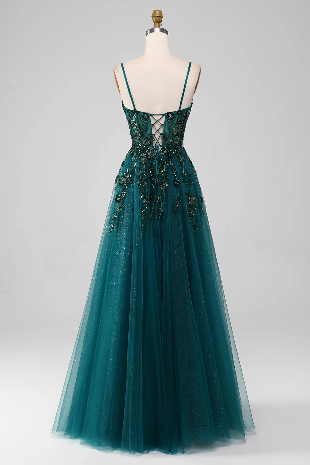Amzcw Dark Green A Line Spaghetti Straps Sparkly Prom Dress with Slit