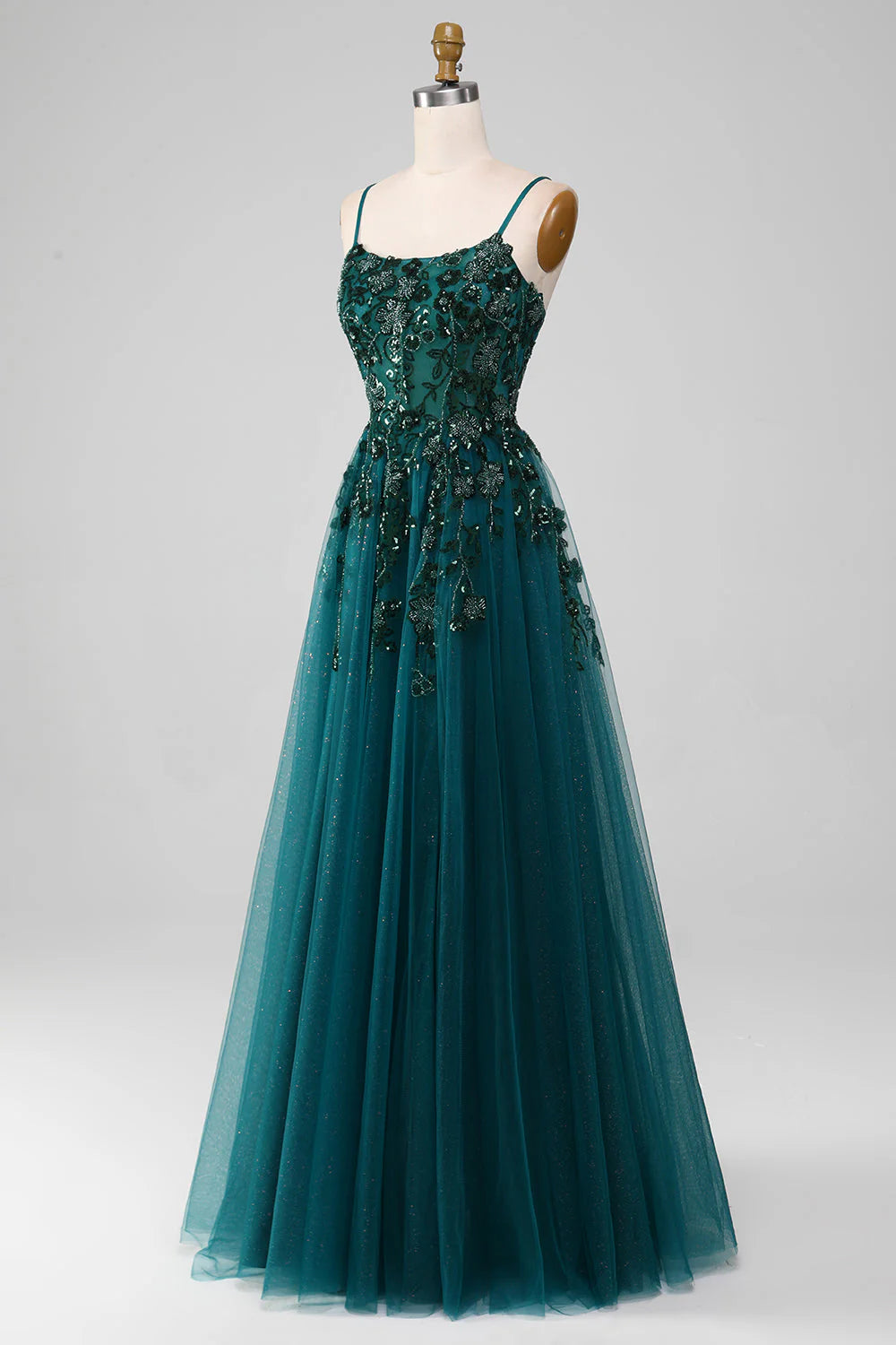 Amzcw Dark Green A Line Spaghetti Straps Sparkly Prom Dress with Slit