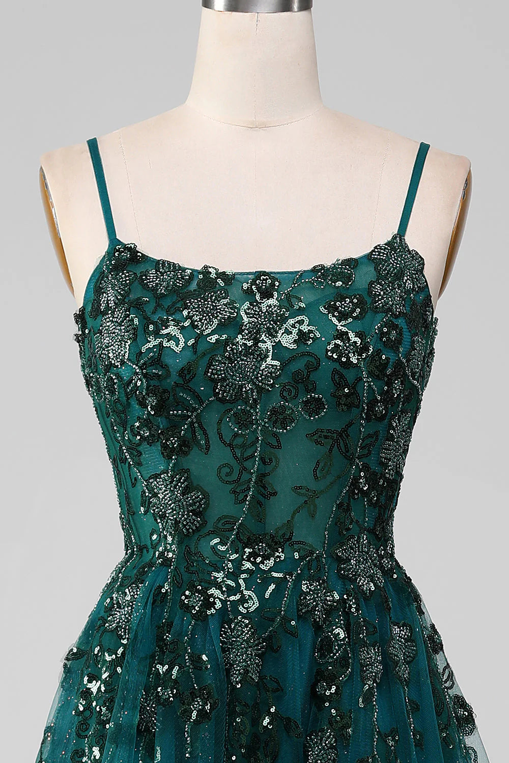 Amzcw Dark Green A Line Spaghetti Straps Sparkly Prom Dress with Slit