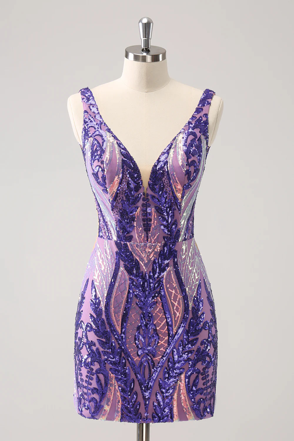 Amzcw Sparkly Dark Purple Bodycon V Neck Backless Short Homecoming Dress with Sequins