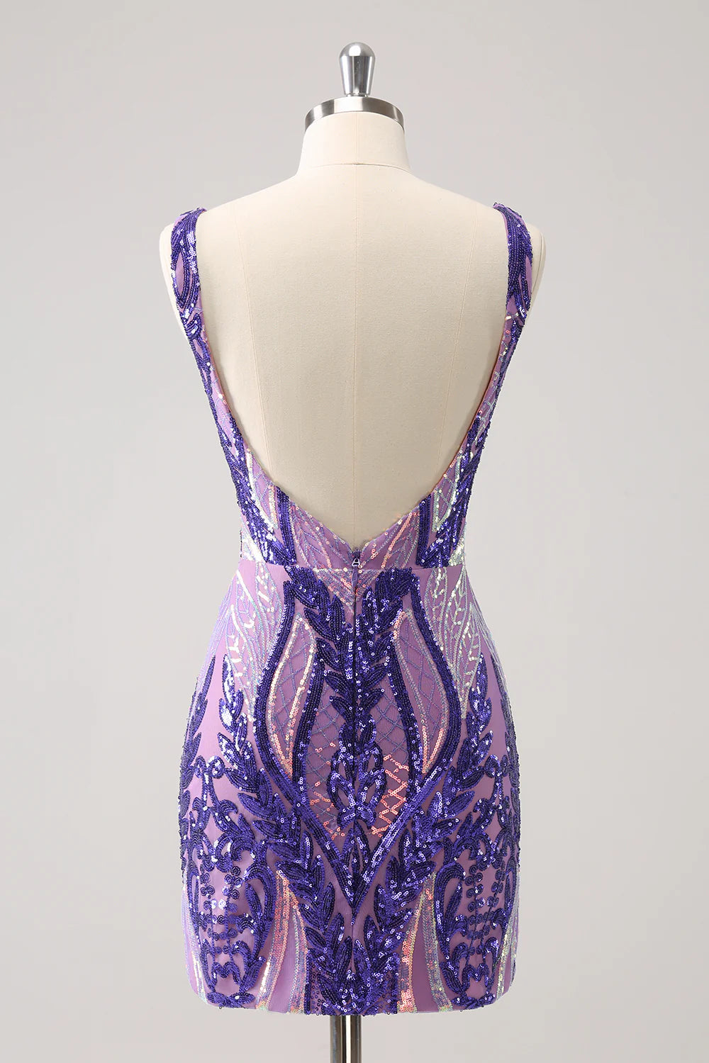 Amzcw Sparkly Dark Purple Bodycon V Neck Backless Short Homecoming Dress with Sequins