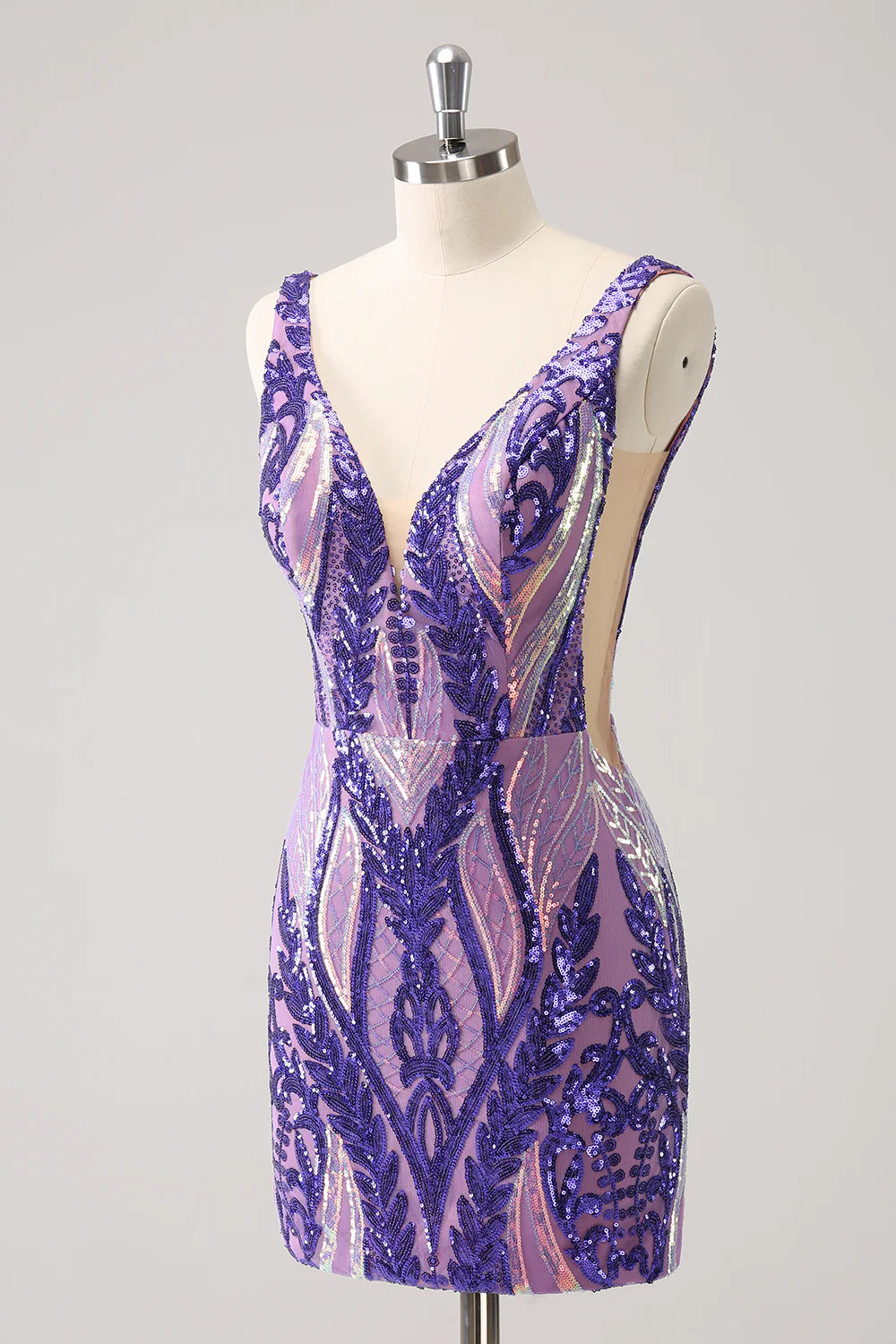 Amzcw Sparkly Dark Purple Bodycon V Neck Backless Short Homecoming Dress with Sequins