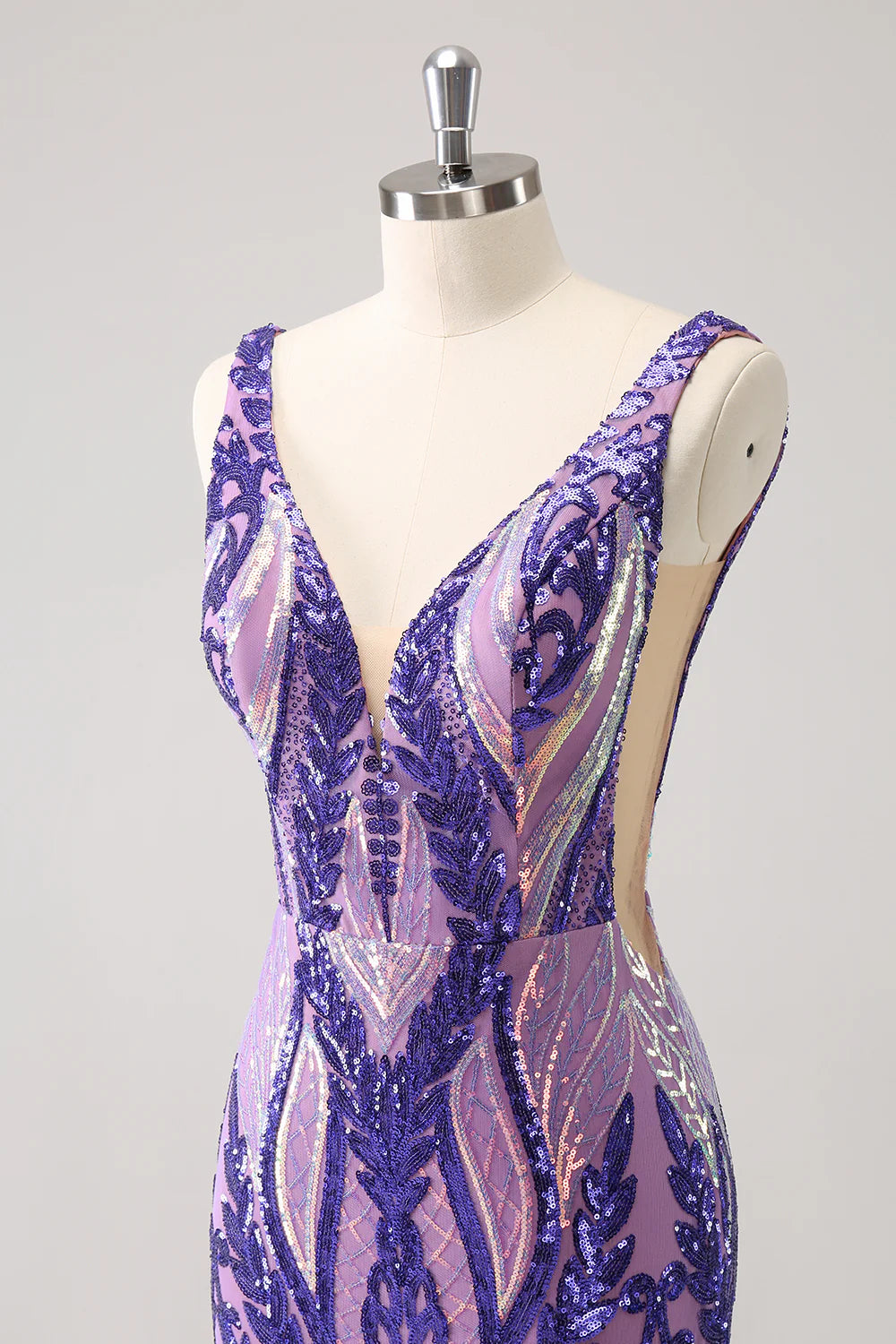 Amzcw Sparkly Dark Purple Bodycon V Neck Backless Short Homecoming Dress with Sequins