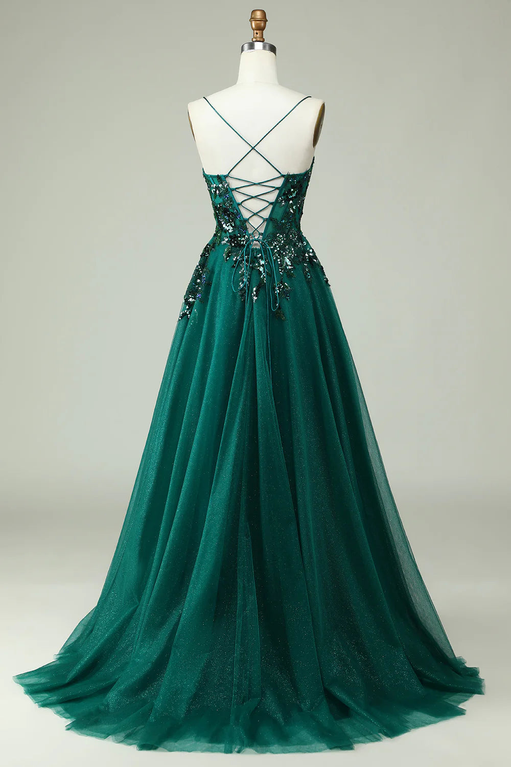 Amzcw A Line Spaghetti Straps Dark Green Corset Prom Dress with Appliques