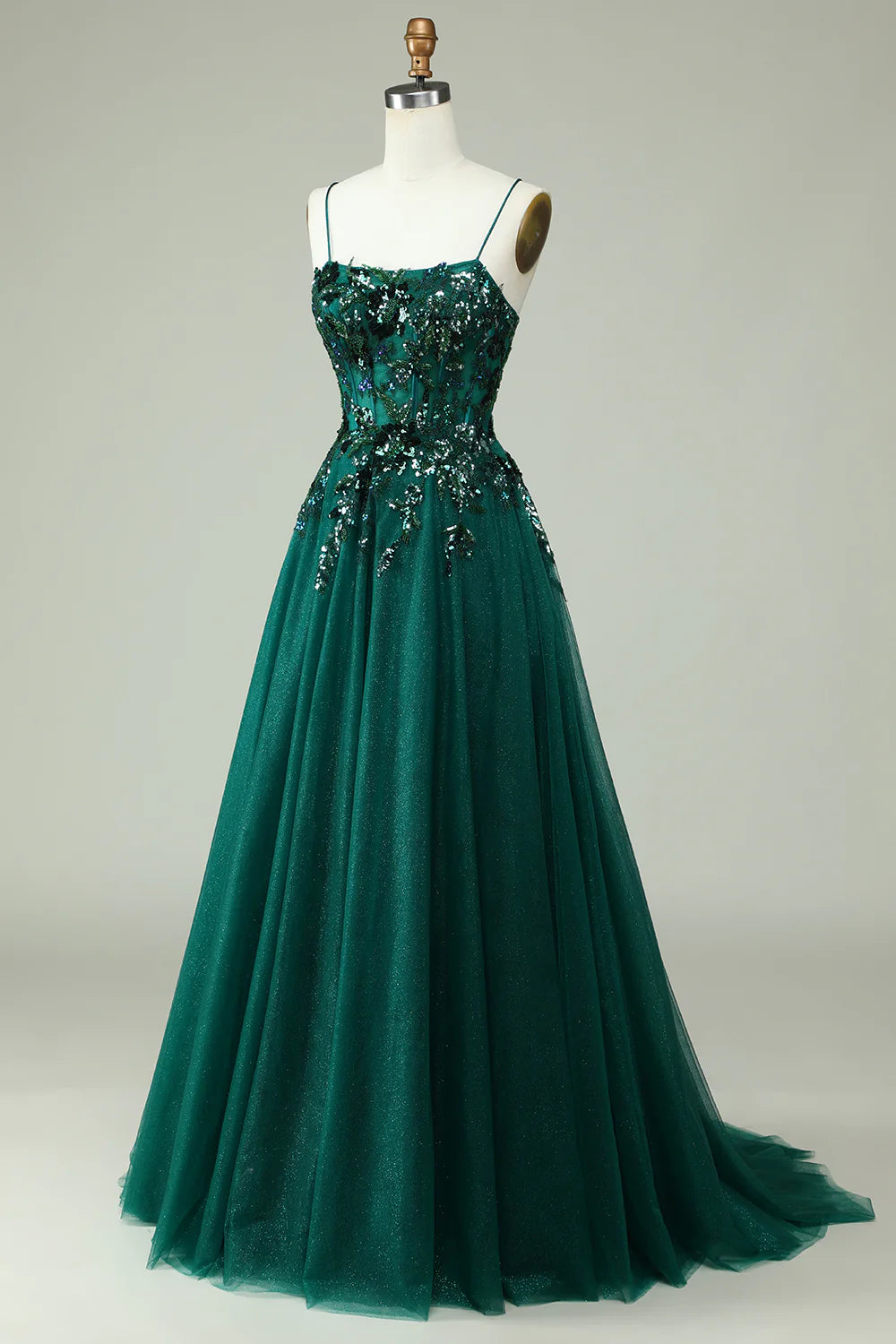 Amzcw A Line Spaghetti Straps Dark Green Corset Prom Dress with Appliques