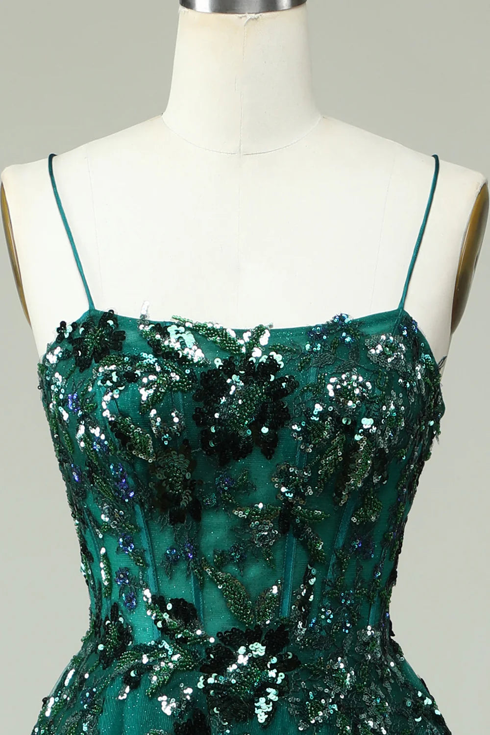 Amzcw A Line Spaghetti Straps Dark Green Corset Prom Dress with Appliques