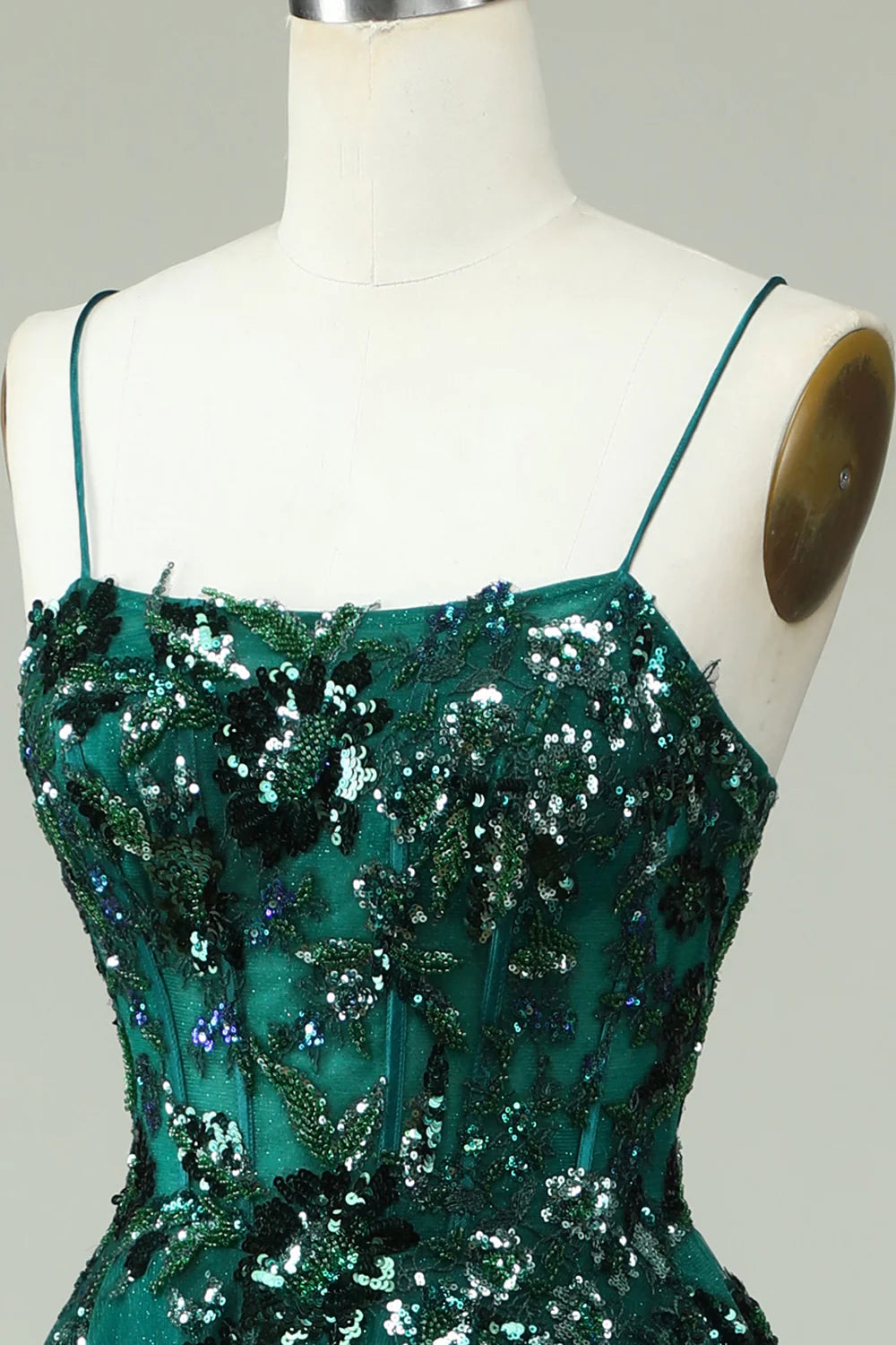 Amzcw A Line Spaghetti Straps Dark Green Corset Prom Dress with Appliques